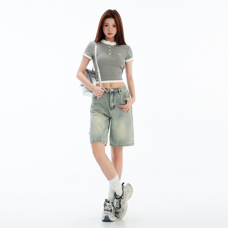 Womens Retro Blue High-Waisted Straight-Leg Cropped Denim Shorts