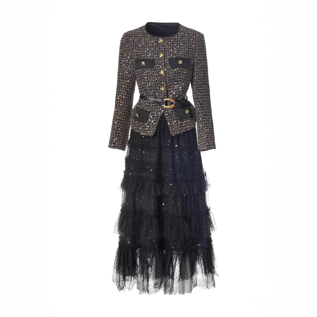 Chanel-style Elegant Solid-color Mesh Skirt With A Sophisticated Vibe