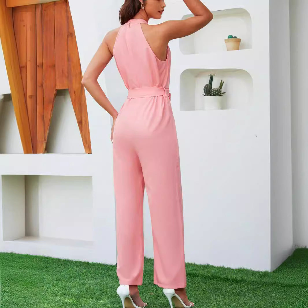 Summer Sleeveless Halter Lace Up Casual Jumpsuit