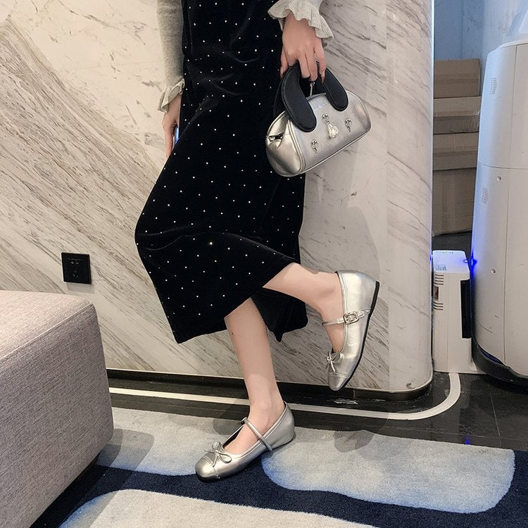 Women's French Style Bow Embellished Shallow Cut Hidden Wedge Heel Single Shoes, 2026 New Collection, Gentle Evening Style Fashion Dress Shoes With One-Strap Buckle