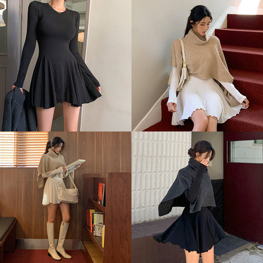 Round Neck Long Sleeved Pleated Short Skirt For Women