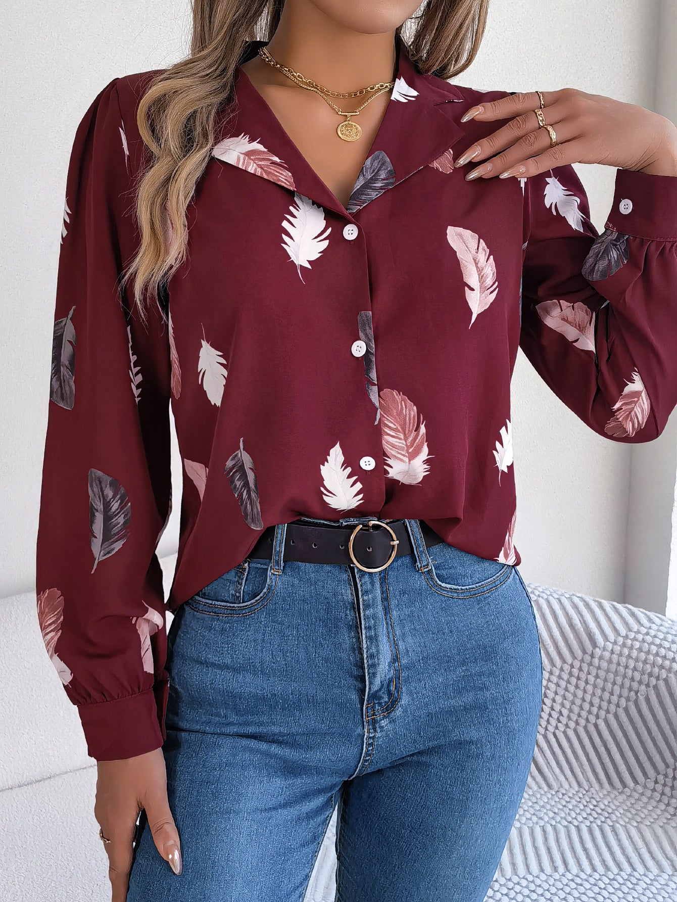 Women's Elegant Feather Print Notched Lapel Long Sleeve Shirt