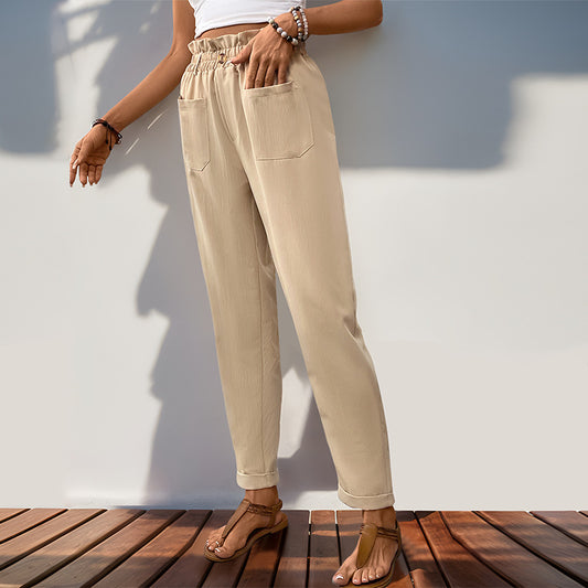 Women's Pants Pocket Elastic Waist Apricot