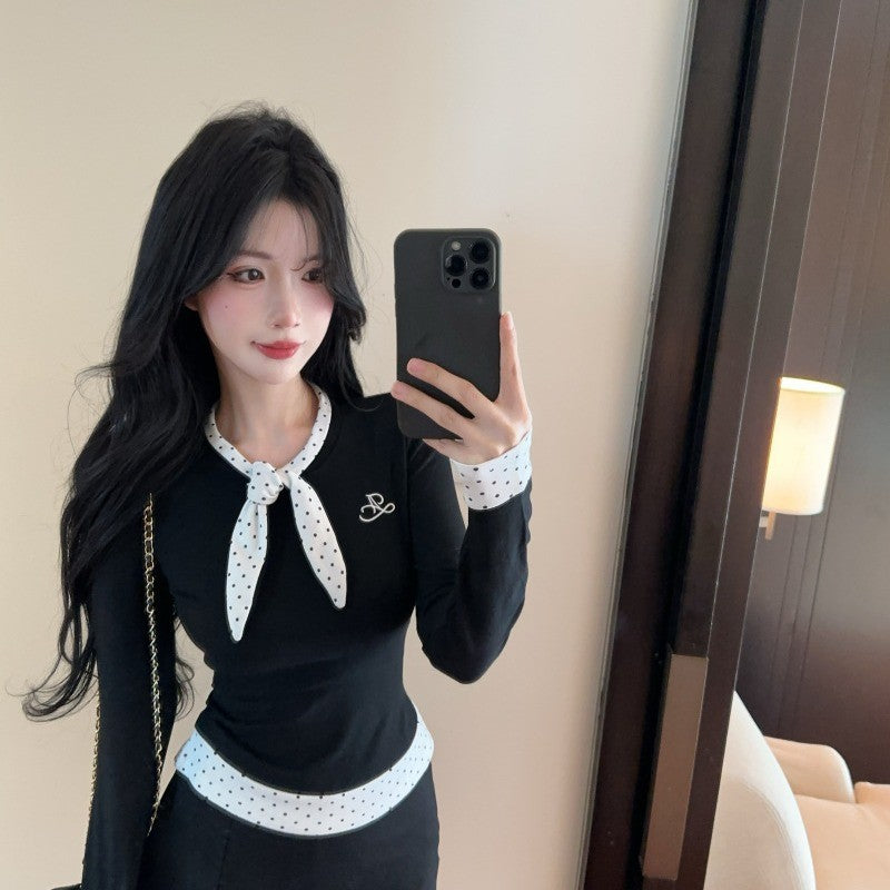 Womens Casual Chanel-Style Fake Two-Piece Polka-Dot Long-Sleeve Top