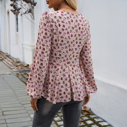 Women's Bubble Sleeve Mori Style Elegant Floral Print Long Sleeve Top
