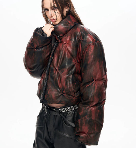 Cropped Leather Puffer Jacket With A Stand-up Collar And Shirring