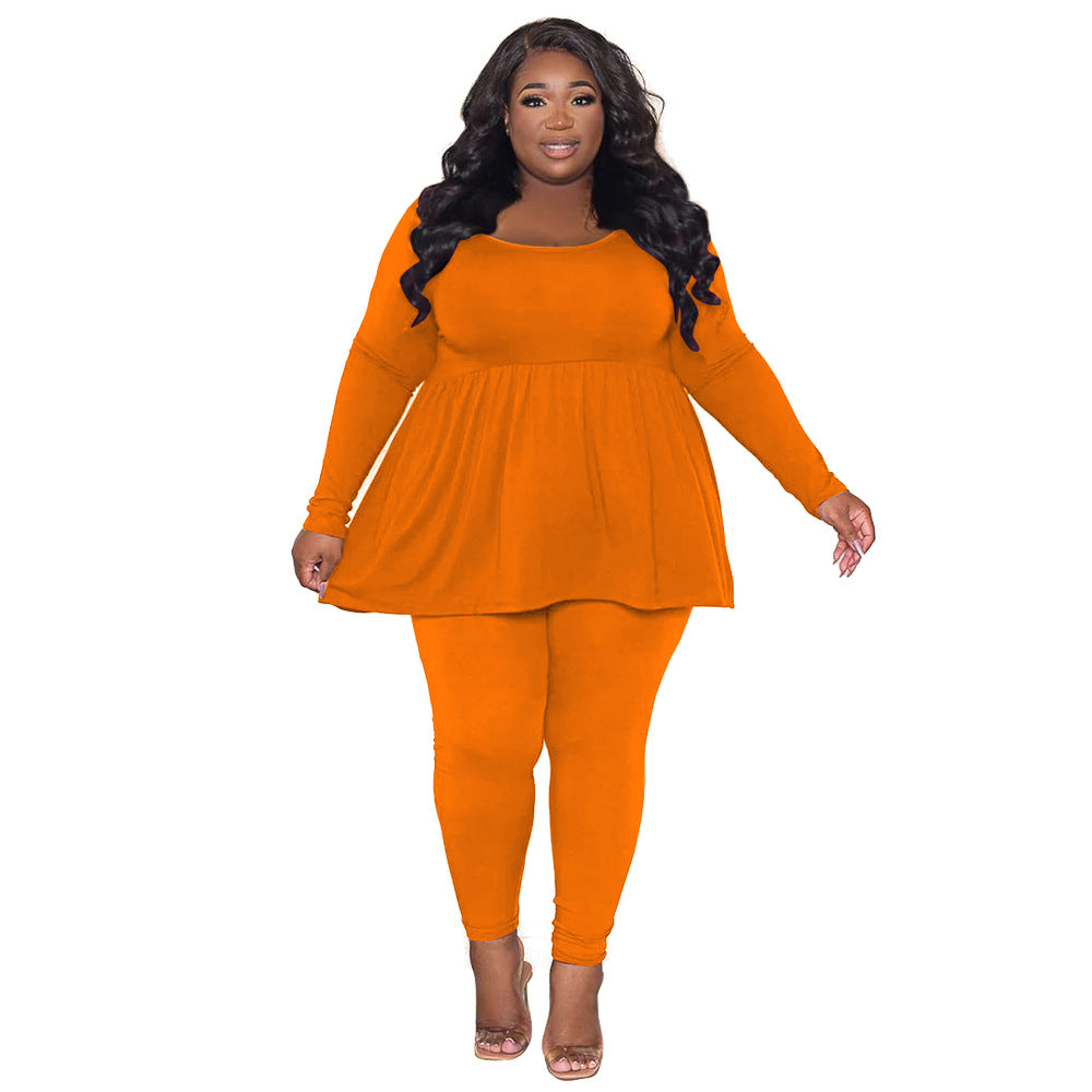 Women's Plus-Size Solid-Color Long-Sleeve T-Shirt Two-Piece Set