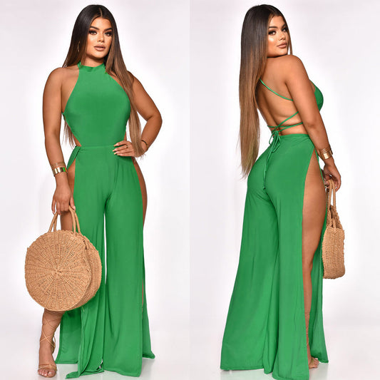 Lace-up Back Jumpsuit Split Leg Casual Trousers Women