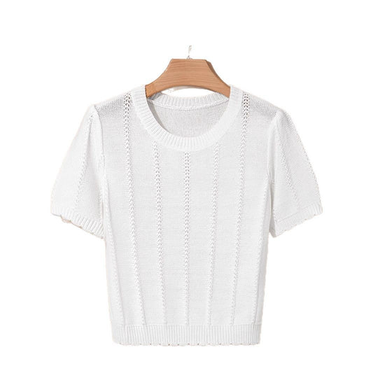 Stylish French-style Crew-neck Mesh Hollow-out Knit Short-sleeve Top