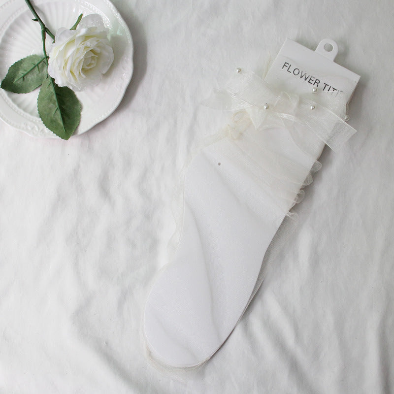 Lace-up Bowknot Pearl-in-tube Transparent Sheer Mesh Socks