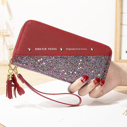 New Style Wallet Long Ladies Zipper Wallet Female Student Korean Version Stitching Contrast Color Tassel Wild Rivet Mobile Phone Bag