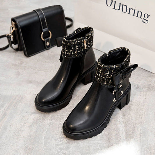 Soft Leather Spring And Autumn Bow Thick Heel Short Female Martin Boots