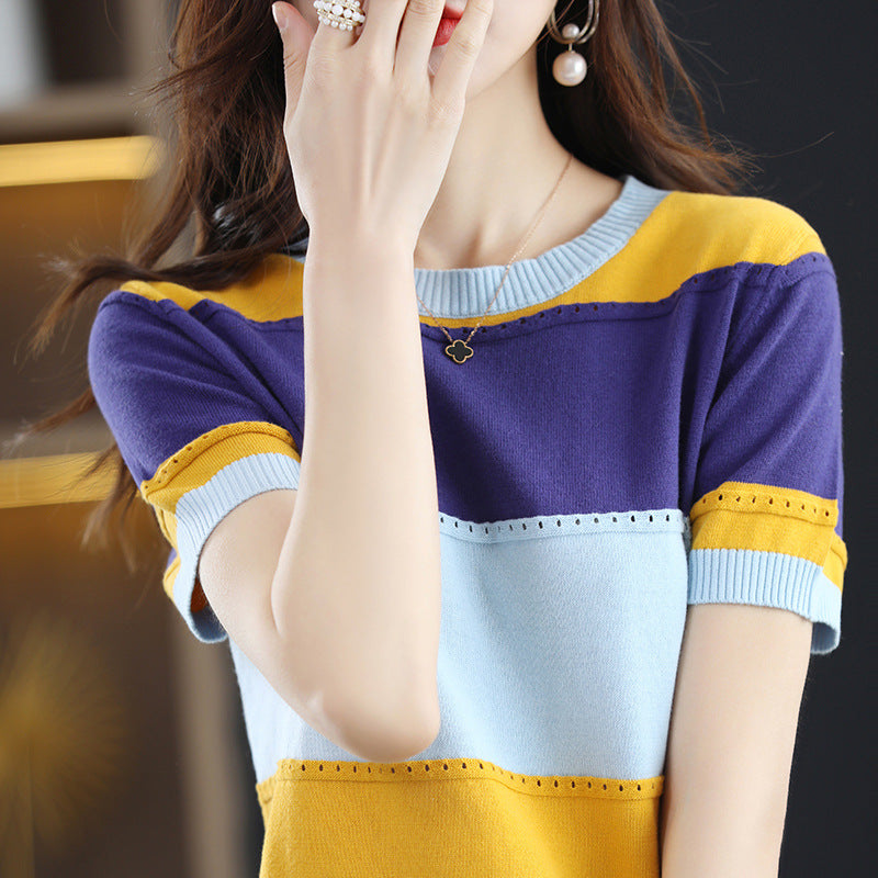 Round Neck Multicolor Hollow Loose Slimming Cotton Pullover Knitting Half Sleeve