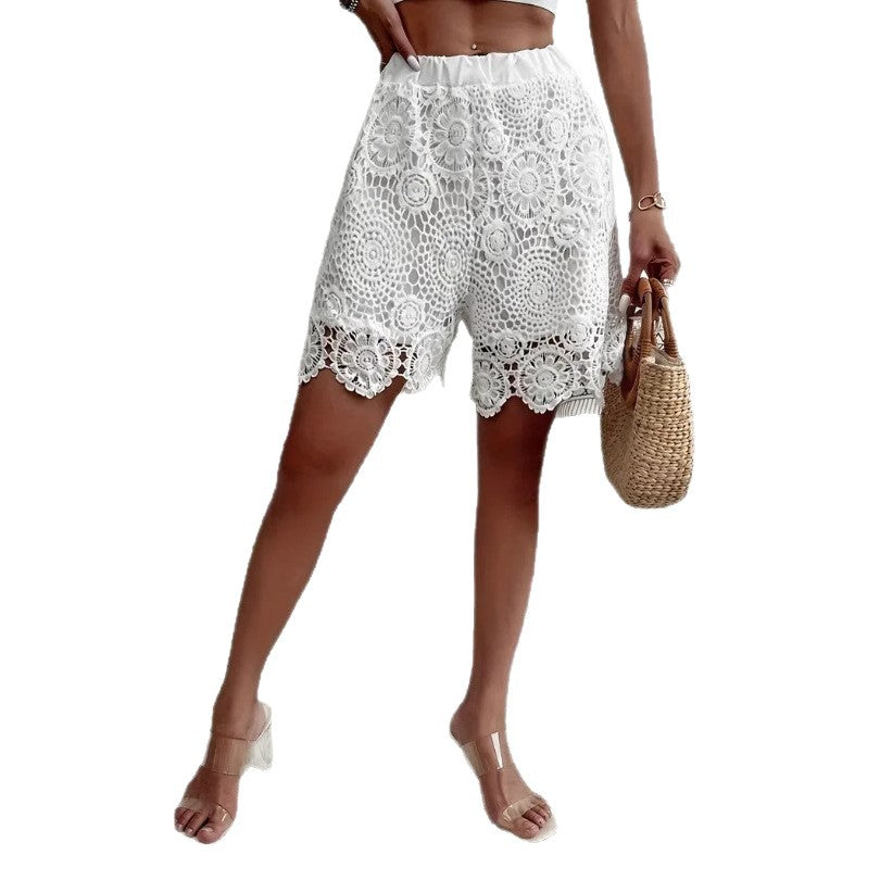 Lace Embroidered Elastic Waist Shorts