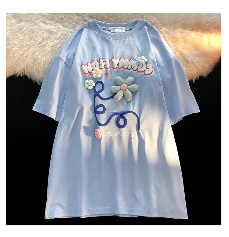 Women's Floral Letter Foam Print Short Sleeve T-shirt