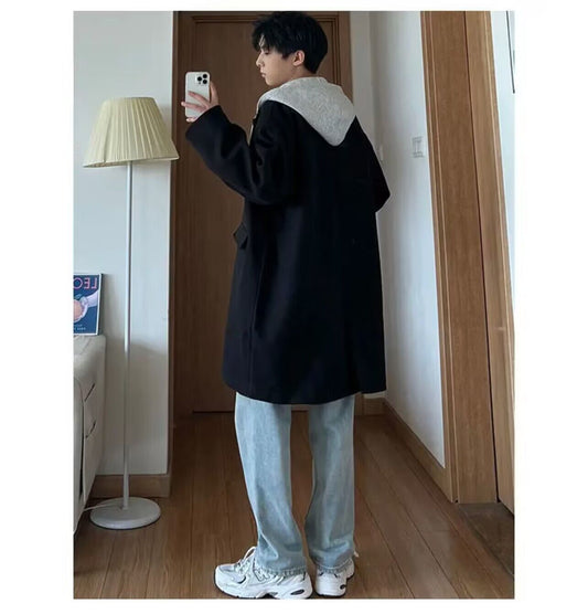 Men's False Two-piece Patchwork Hooded Loose Coat