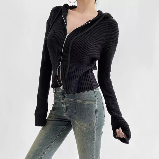 Women's American-style Hooded Zipper Knitted Cardigan Early Autumn New Short