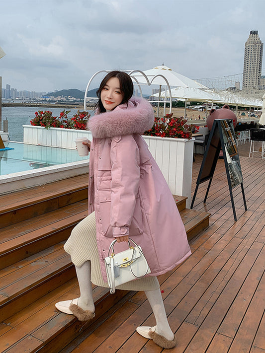 Winter Women's Mid-length Down Jacket With Large Fur Collar