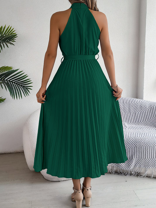 Women's Elegant Stand Collar Sleeveless Tie Waist Pleated Maxi Dress