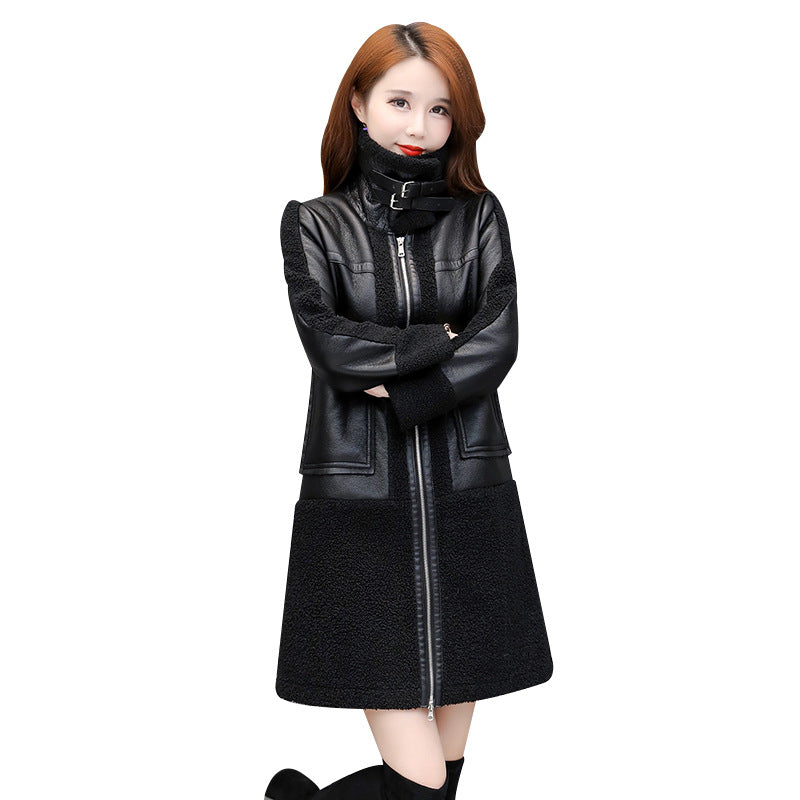 Ladies Leather Thickened Fur Coat Lapel