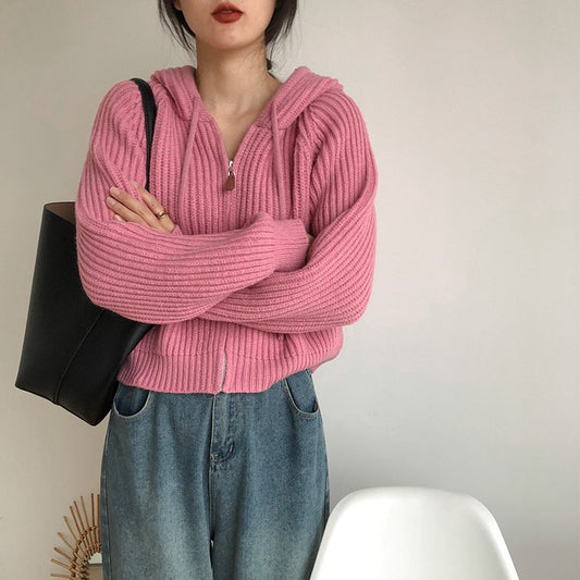 Korean Simple Short Hood Cardigan Wool Sunken Stripe