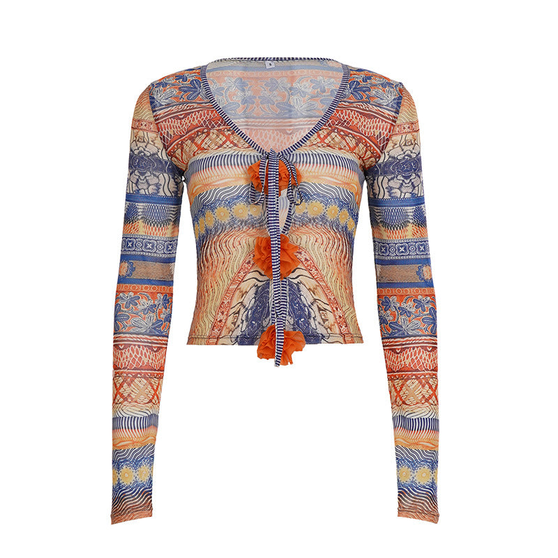 V-neck Printed Contrast Color Mesh Long-Sleeve T-Shirt
