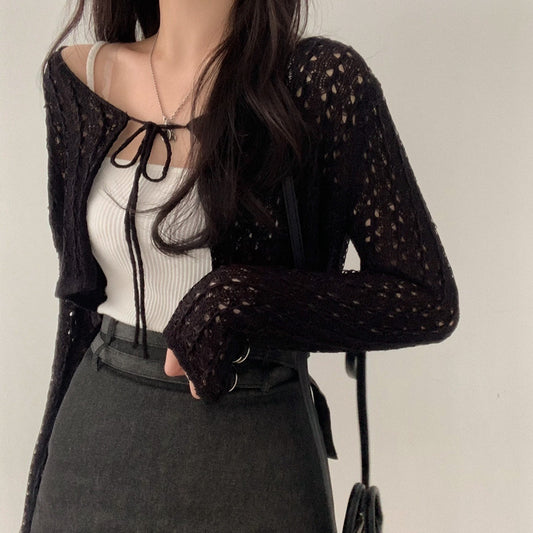 Round Neck Tied Bowknot Hollow Loose Long Sleeve Sun Protection Sweater