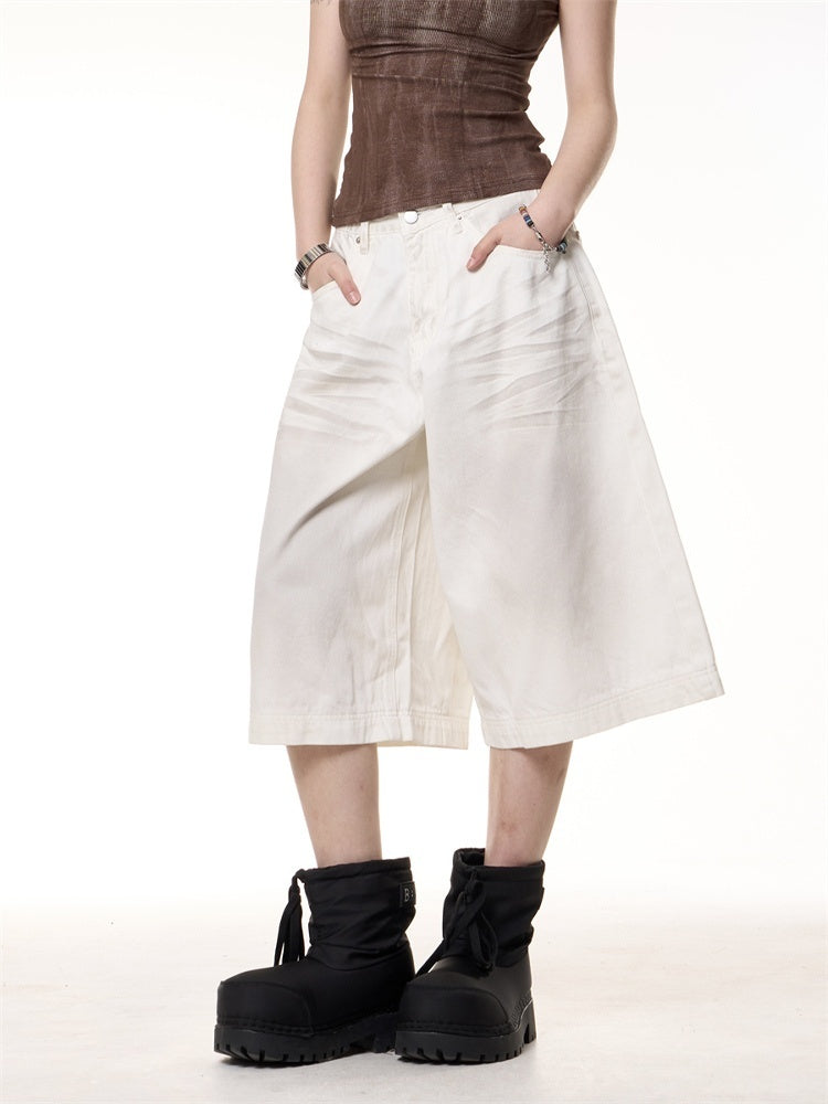 Retro Distressed Cropped Jeans Straight Loose-fitting Wide-leg Short Jumpsuit