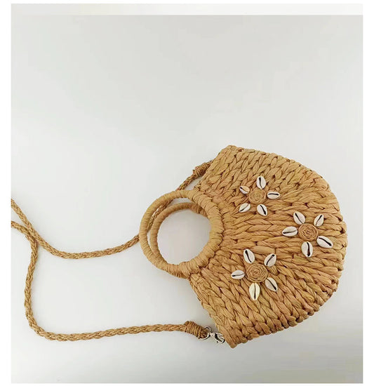 Straw Braided Bag Hand-held Half-round Shell Woven