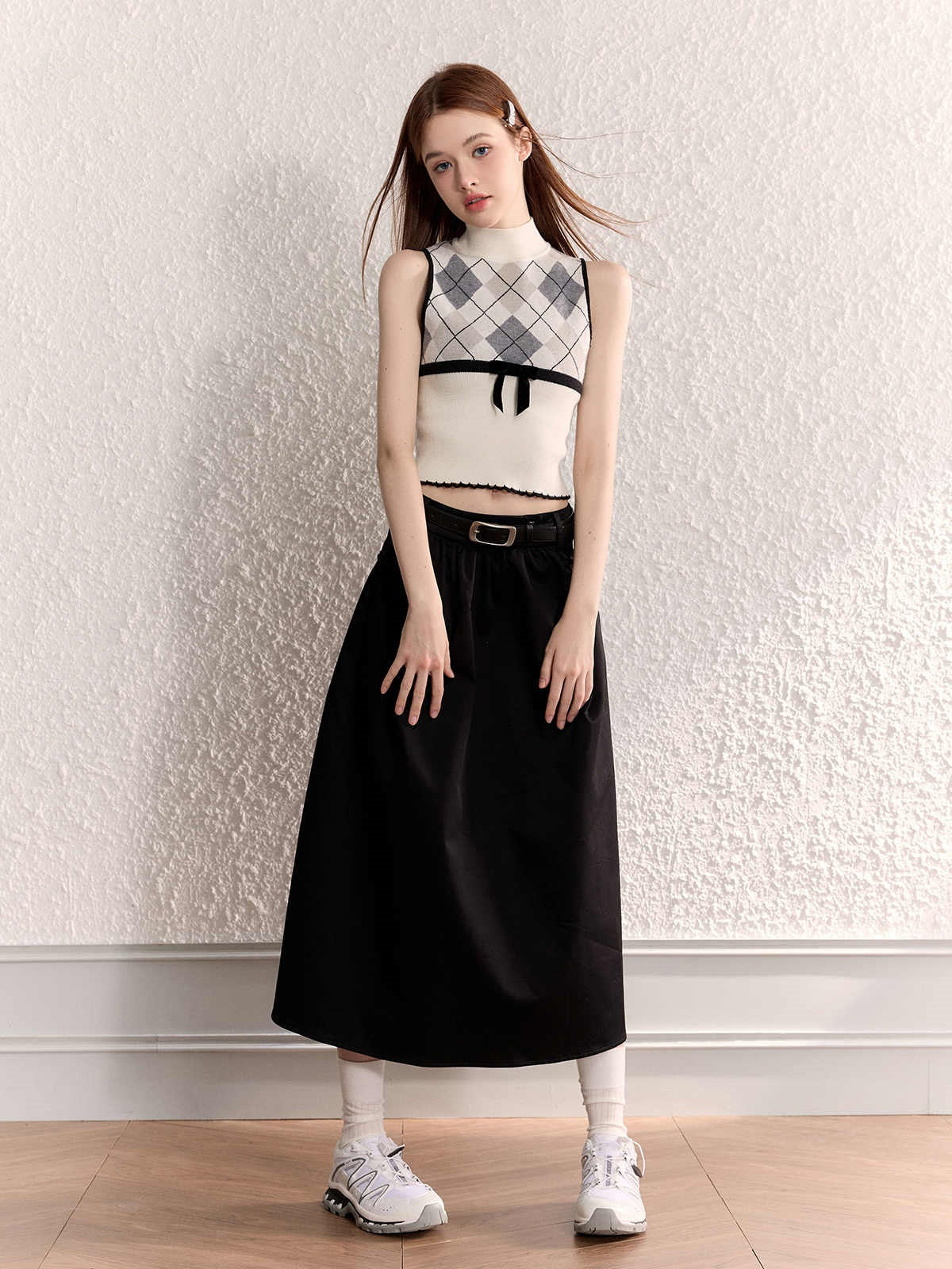 Diamond Plaid Half Collar Top Sleeveless Knitted Vest