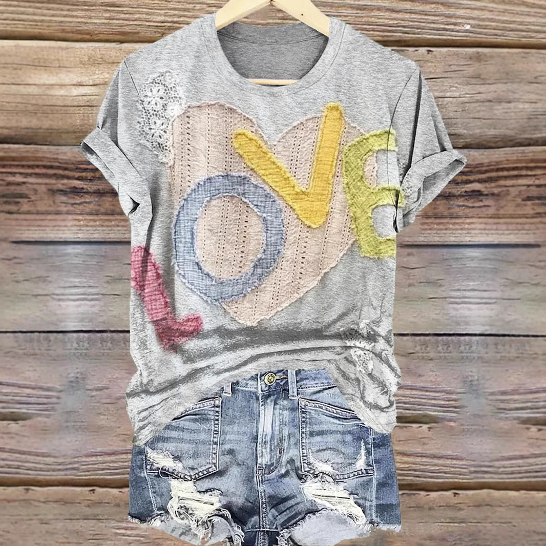 LOVE Personality Patch Pattern Round Neck Short Sleeve