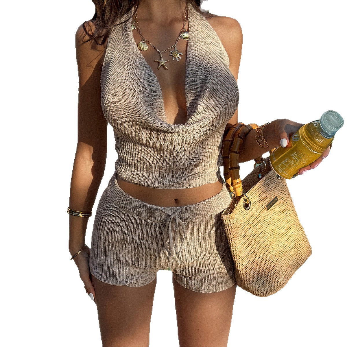 Wool Halterneck Solid-Color Resort-Style Set