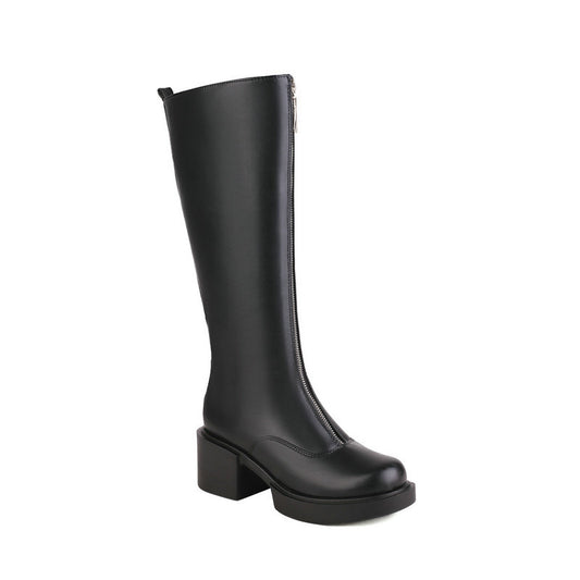 Women's Knight Martin Boots Round Toe Chunky Heel Front Zipper