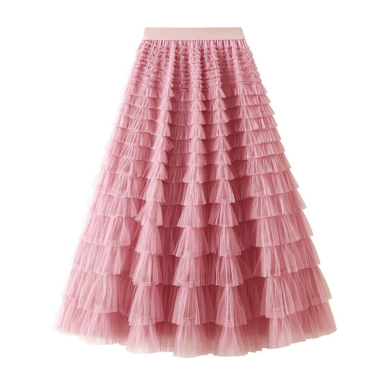 Line Mesh Ruffle Skirt Women's Temperament Sweet Long Skirt Slim Cupcake Dress Womens Clothing