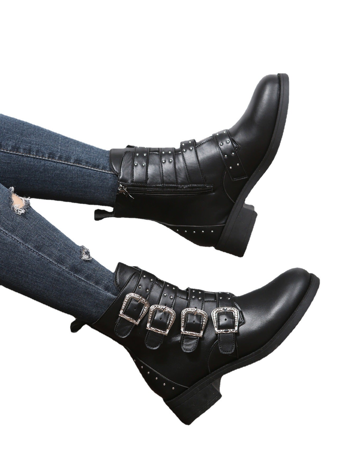 Women's Fashion Belt Buckle Flat Heel Mid-calf Chunky Heel Round Head Dr Martens Boots