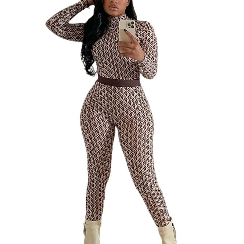 Women's Fashion Printed Street Round Neck Long Sleeve Fitness Jumpsuit