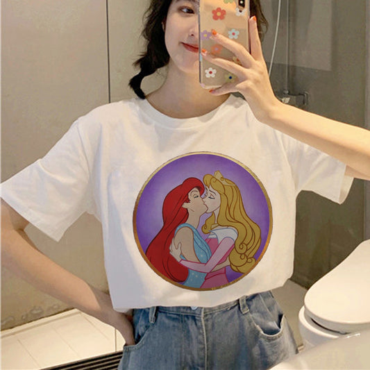 Personality Couple Wear Rainbow Letter Print Casual Short Sleeve T-Shirt