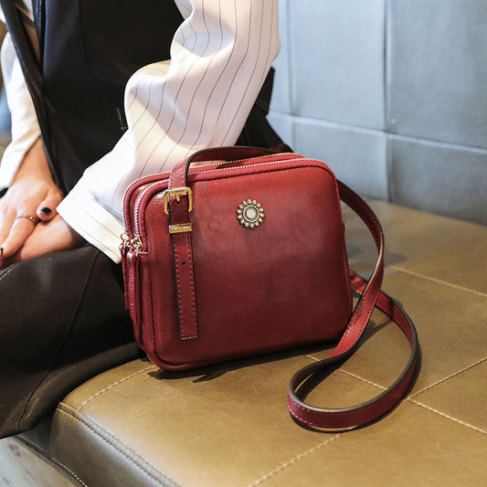 Women's Double-layer Zipper Oil Wax Leather One-shoulder Diagonal Bag