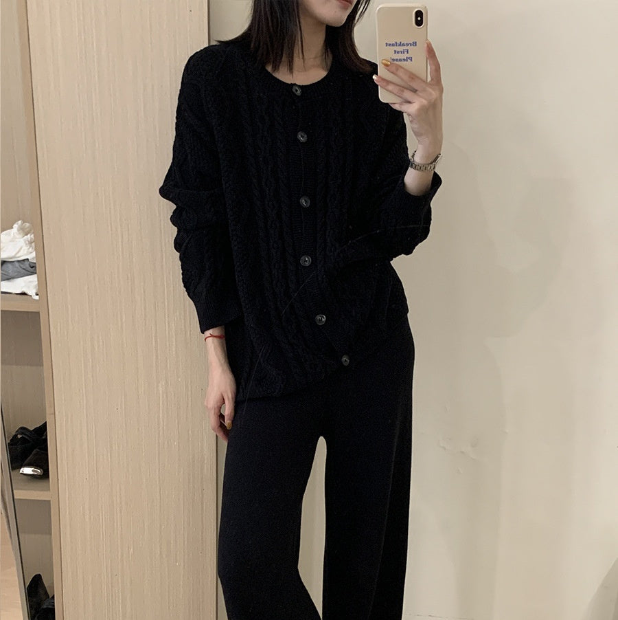 Gentle Knitted Trousers Suit Women's Sweater Cardigan High Waist Dress