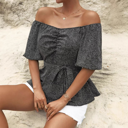 Womens Stylish Waist-cinching Off-shoulder Short-sleeve Top