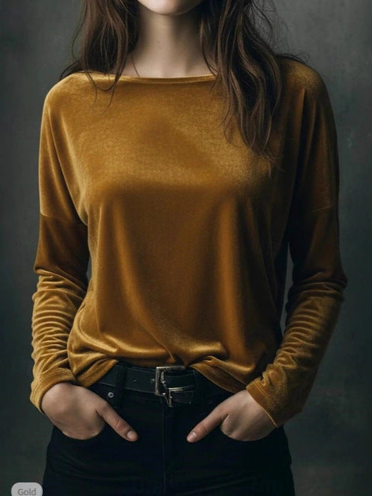Dame Ensfarvet Løstsiddende Rundhalset Pullover Fløjl T-shirt