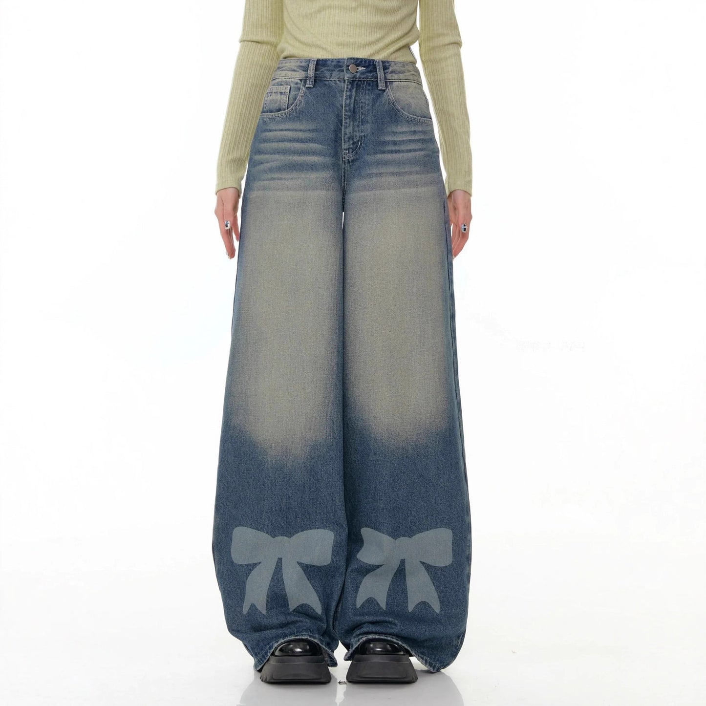 Retro vidde ben, sløjfe, printet, vasket denimjeans