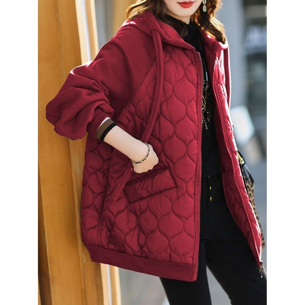 Plus Size Hooded Stitching Down Cotton-padded Jacket Thick Coat