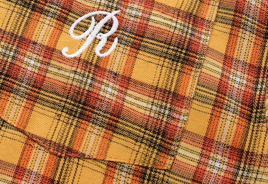Embroidery Yellow Short Sleeve Plaid Shirt