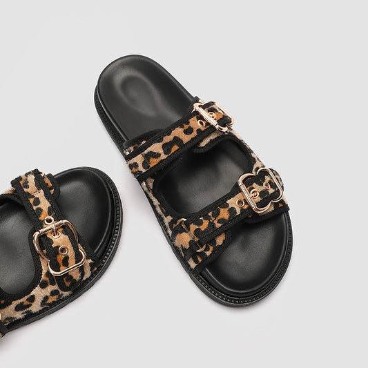 Summer New Animal Print Round Toe Flat Bottom Slippers For Women