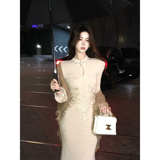 Stand Collar Embroidered Knitted Long Dress Cardigan Coat Women