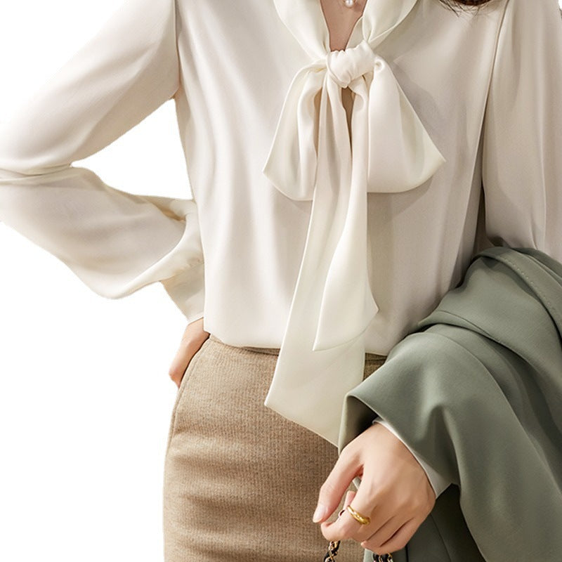 Womens Solid-Color Casual Loose Shirt With Ribbons