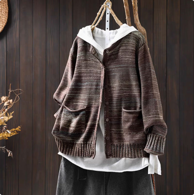 Colorful Thread Mixed Woven Cotton Knitted Cardigan