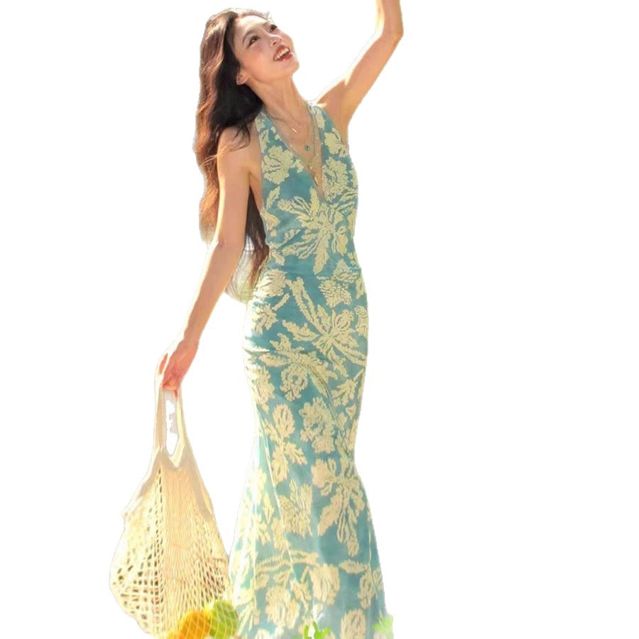 Womens V-neck French-style Sleeveless Halter Dress