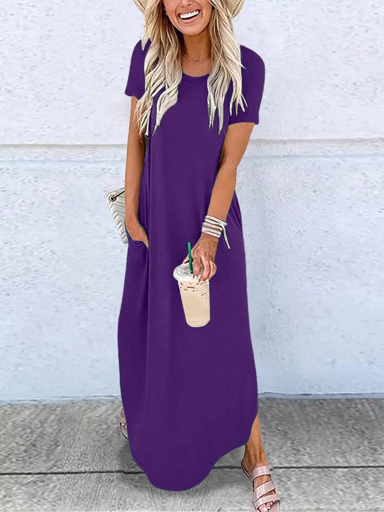 Solid-color Crew-neck Pocket Short-sleeve Dress